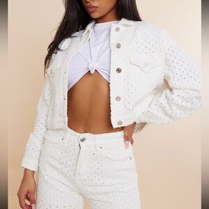 Off white textured cropped denim jacket